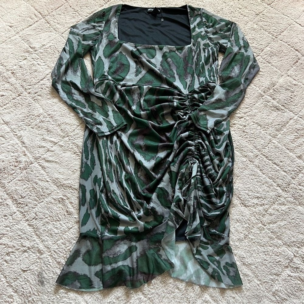 Pretty Little Thing Abstract Mesh Mini Dress Camo Homecoming Whimsical Sz 12